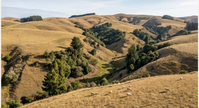 Canterbury hill country with native bush in gullies